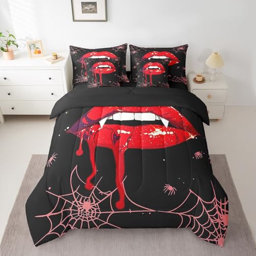Erosebridal Halloween-Bettwäsche-Set, Gothic, sexy, rote Lippen, komplettes Bettdecken-Set mit Bettlaken für Jungen und Mädchen, Kinderzimmer, Dekoration, rosa Spinnennetz, Horror-Thema, Bett in einer Erosebridal Halloween-Bettwäsche-Set, Gothic, sexy, rote Lippen, komplettes Bettdecken-Set mit Bettlaken für Jungen und Mädchen, Kinderzimmer, Dekoration, rosa Spinnennetz, Horror-Thema, Bett in einer von Erosebridal