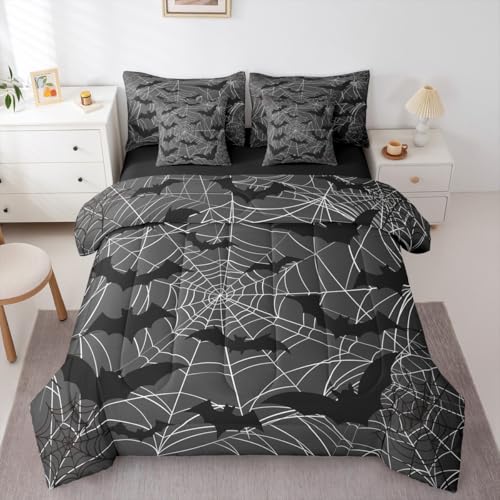 Erosebridal Halloween-Bettwäsche-Set für King-Size-Bett, Gothic-Fledermaus-Bett in einer Tasche, fliegende schwarze Fledermaus-Bettwäsche-Set beinhaltet Bettdecke, Bettlaken-Set, Kissenbezüge und von Erosebridal