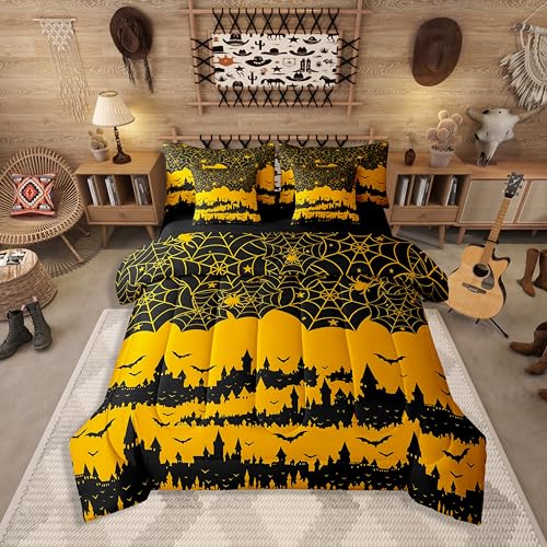 Erosebridal Halloween-Dekor, 7-teiliges Bettdecken-Set für Doppelbett in einer Tasche, orangefarbenes Spinnennetz, Fledermäuse, Bettwäsche-Sets für Kinder, Jungen, Mädchen, Gothic, Halloween, Schloss Erosebridal Halloween-Dekor, 7-teiliges Bettdecken-Set für Doppelbett in einer Tasche, orangefarbenes Spinnennetz, Fledermäuse, Bettwäsche-Sets für Kinder, Jungen, Mädchen, Gothic, Halloween, Schloss von Erosebridal