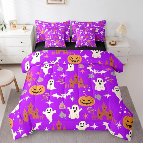 Erosebridal Halloween-Dekor, 7-teiliges Bettwäsche-Set, Kürbislaterne, Geist, Fledermäuse, Schloss, komplettes Bettdecken-Set mit Laken für Jungen und Mädchen, Kinderzimmer, Dekoration, Herbstblätter von Erosebridal
