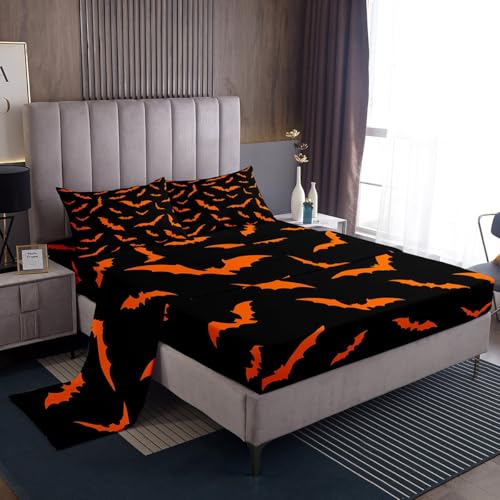 Erosebridal Happy Halloween Bettlaken-Set für Kinder, Jungen, Fledermäuse, Tier-Silhouette, orangefarbene Fledermäuse, Tier-Bettwäsche-Set, Gothic, gruselig, Bettlaken mit 2 Kissenbezügen Erosebridal Happy Halloween Bettlaken-Set für Kinder, Jungen, Fledermäuse, Tier-Silhouette, orangefarbene Fledermäuse, Tier-Bettwäsche-Set, Gothic, gruselig, Bettlaken mit 2 Kissenbezügen von Erosebridal