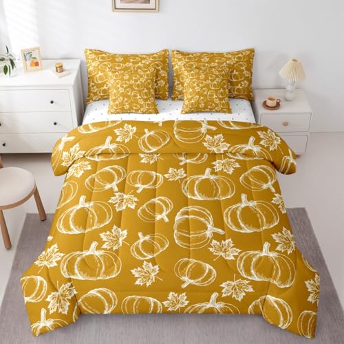 Erosebridal Herbst-Bettwäsche-Set mit Laken in voller Größe Kürbis 7-teiliges Bettwäsche-Set für Kinder Jungen Herren Bauernhaus Retro Ernte Ahornblatt Herbst Beige Gelb Leichtes Bett in einer Tasche von Erosebridal