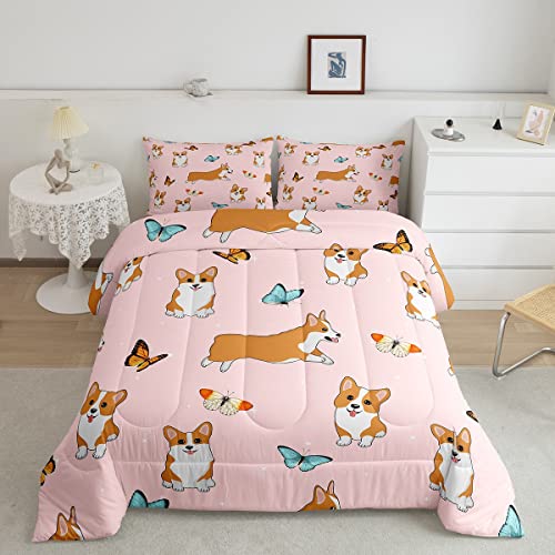 Erosebridal Niedliches Corgi-Bettwäsche-Set für Mädchen, Kawaii-Hunde-Bettwäsche-Set für Doppelbett, Cartoon-Welpen, Mops, Bettwäsche-Sets und Kollektionen, Jugendzimmer, Schlafzimmer von Erosebridal