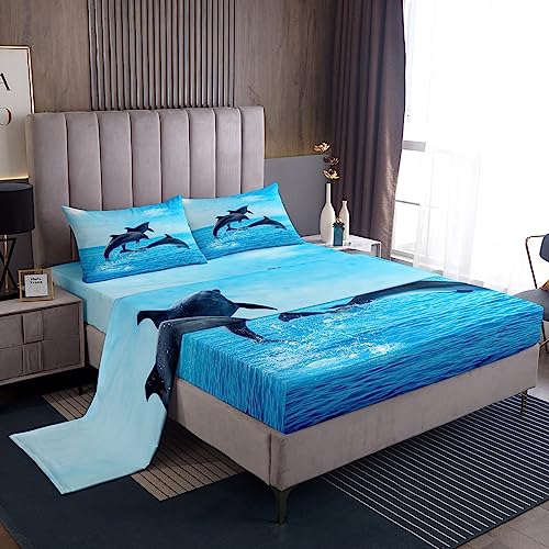 Erosebridal Ocean Dolphin Bettlaken-Set, vollständig, 3D-Delfin-Bettwäsche-Set, blaue Ozean-Meereswellen-Bettwäsche, weiches gemütliches flaches Spannbetttuch für Kinder, Jungen, Teenager, von Erosebridal