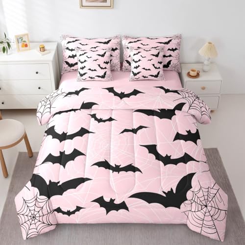 Erosebridal Pinkes Halloween-Bettwäsche-Set, Queen-Size-Größe, Fledermaus-Muster, Bett in einer Tasche, Gothic-Bettwäsche-Set mit Bettdecke, Bettlaken-Set, Kissenbezüge und Kissenbezüge, Spinnennetze von Erosebridal