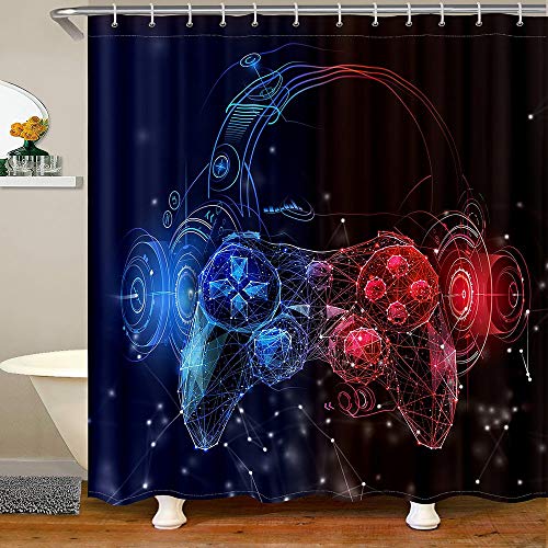 Erosebridal Rot Blau Gamepad Duschvorhang Gaming Bad Vorhang Geometrische Linie Badewanne Duschvorhang für Kinder Jungen Mädchen Teenager Videospiel Gamer Druck Badezimmer-Sets 182,9 cm B x 182,9 cm L von Erosebridal