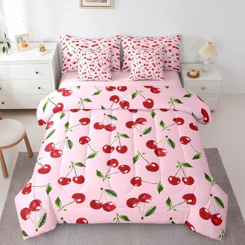 Girly 7-teiliges Bettwäsche-Set mit niedlichem Obst-Bettwäsche-Set mit grünen und roten Kirschen, Bett in einer Tasche mit Bettlaken und Spannbetttuch für Kawaii-Raumdekoration, ästhetisch, rosa von Erosebridal