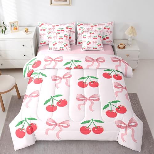 Girly Bettwäsche-Set mit Kirschschleife und Bettlaken, Kokette, 7-teiliges Bettwäsche-Set für verträumte Prinzessinnen-Bettwäsche, rote und grüne Kirschen, Bett in einer Tasche mit Bettlaken und von Erosebridal
