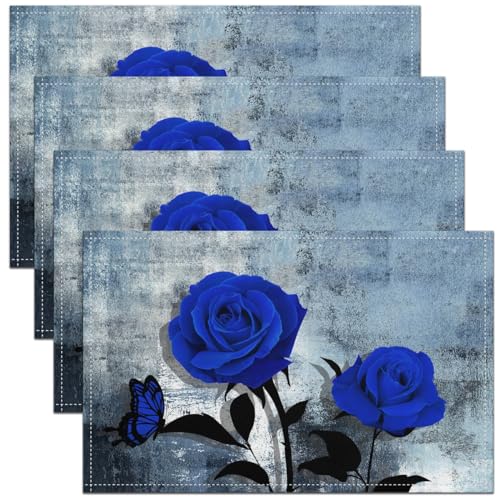 Girly Rose Platzsets Set mit 4 Stück für Frauen, Blau und Grau Ombre Platzsets rutschfest, Graffiti Ölgemälde Tischsets, 30.5x45.7 cm von Erosebridal