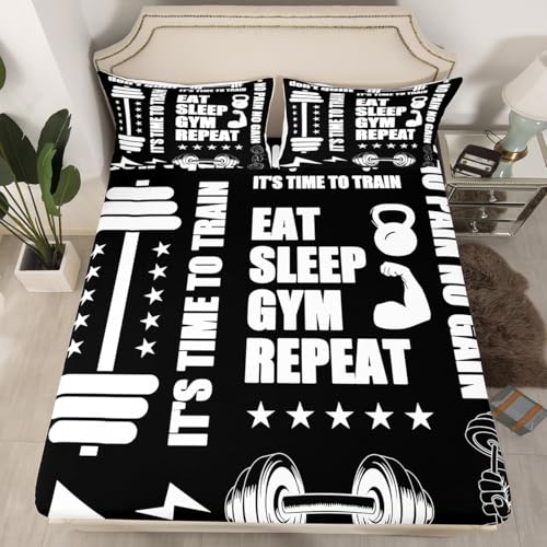 Kurzhantel-Spannbettlaken, schwarz-weiß, Fitness-Doppel-Bettlaken, Fitnessstudio, Training, Langhantel-Bett-Set Kurzhantel-Spannbettlaken, schwarz-weiß, Fitness-Doppel-Bettlaken, Fitnessstudio, Training, Langhantel-Bett-Set von Erosebridal