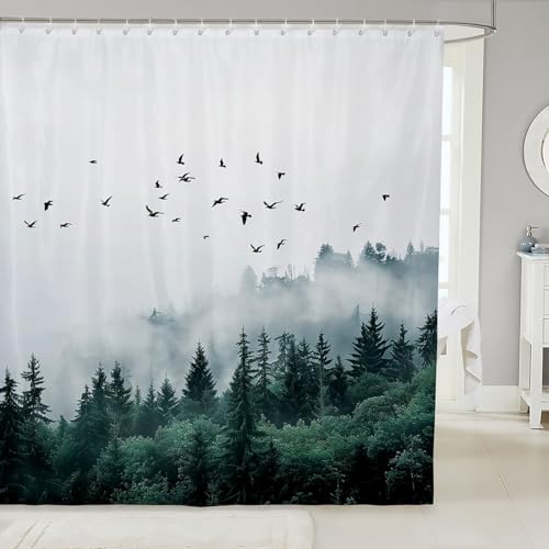 Smoky Mountain Duschvorhang, Natur-Duschvorhang, Waldland-Duschvorhang, Nebel-Fantasie, Nebel, Magischer Baum, Badezimmer, rustikale Landschaft, Herbst-Duschvorhang, 183 cm, Grau / Schwarz von Erosebridal