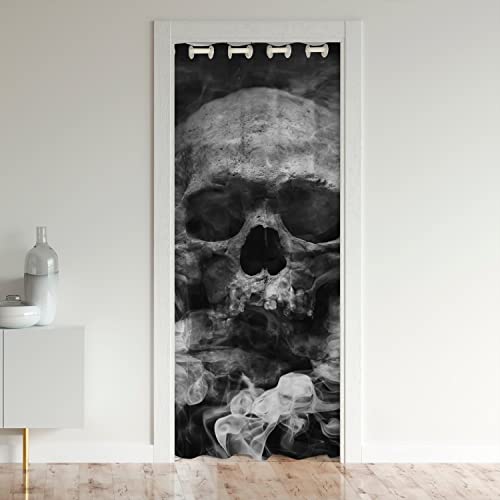 Totenkopf-Türvorhang für Tür, Privatsphäre, Halloween-Verdunkelungsvorhang, 107 cm B x 203 cm L, Gothic-Nebel, Rauchschädel, Skelett, Schrank-Türabdeckung, grauer Raumteiler-Vorhang für temporäre Tür von Erosebridal