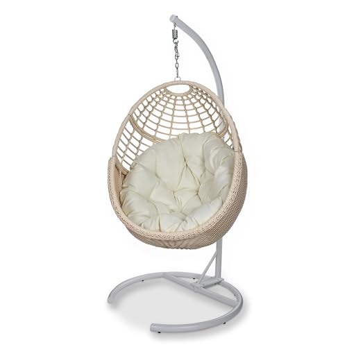 Erotr Korb Hängesessel mit Gestell: Wetterfestes Handgeflochtene PE-Rattan Schwebesessel mit Standfuß, Outdoor Indoor Schaukelstühle mit Polsterung für 150KG Terrasse Balkon Garten Schlafzimmer, Beige von Erotr