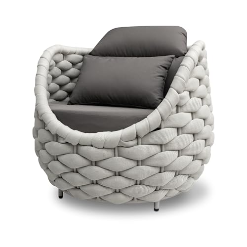 Erotr Terrassen-Akzentstuhl aus Aluminium: Seilstuhl für den Garten - Metall Armlehnsessel mit Kissen – Moderner Einzelstuhl Lounge Sessel für 180KG Deck Balkon Hof Hotel Pool, Grau von Erotr