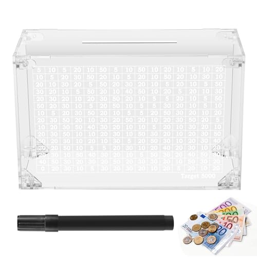 Erpmlyo Spardose mit Zähler Acryl Transparent Money Box Sparbox 5000 Euro Zusammengebaut, Abnehmbar und Wiederverwendbare Sparbox mit Zahlen Ankreuzen (5000€) von Erpmlyo