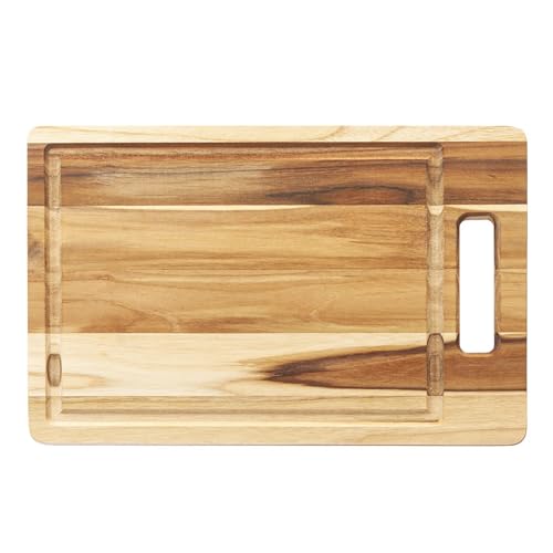 Erreke Schneidebrett Holz mit Auffangschale, Natur-Teakholz 39 cm Lang, Holzbrett Küche zum Servieren Käse und Brot Hackbretter 35x25x1.8 cm (Saftrille) von Erreke