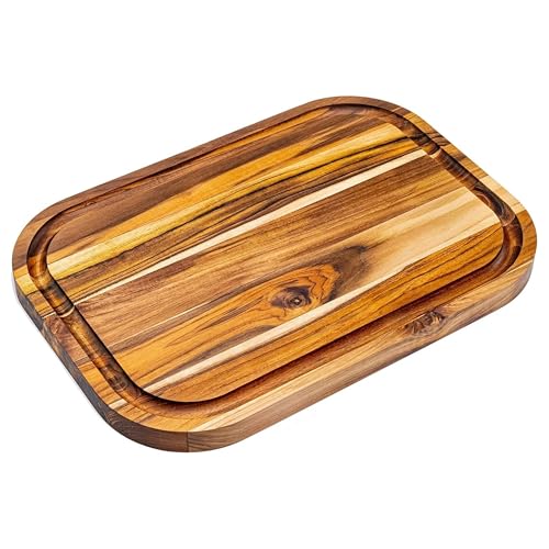 Erreke Schneidebrett Holz mit Auffangschale Natur-Teakholz 40cm Lang Dicke 2.4 cm Holzbrett Küche zum Servieren Käse und Brot Hackbretter 40x28x2.4 cm (Saftrille) von Erreke