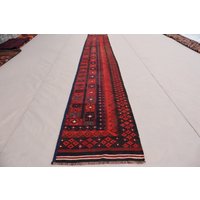 2x15 Extra Langer Läufer, Kelim Teppich, Handgewebter Flachgewebe Roter Flur Teppich von ErsariVintageRugs