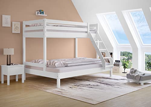 Erst-Holz Doppel-Etagenbett 140x200 und 90x200 Erwachsenen-Stockbett Kiefer Massivholz weiß V-60.18W-09-14, Ausstattung:Rollrost inkl. von Erst-Holz