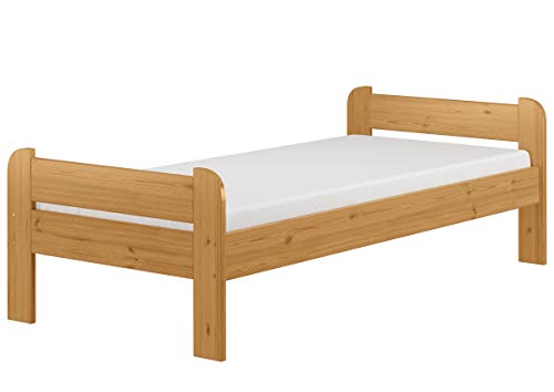 Einzelbett 90x200 Kiefer Echtholz in Eicheton gebeizt mit wählbarem Zubehör V-60.39-09E, Ausstattung:Rollrost und Matratze inkl. von Erst-Holz