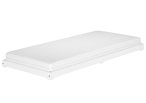 Erst-Holz Weißes Studentenbett Futon extra niedriges Holzbett 90x200 Kiefer V-60.47W-09, Ausstattung:Rollrost und Matratze inkl. von Erst-Holz