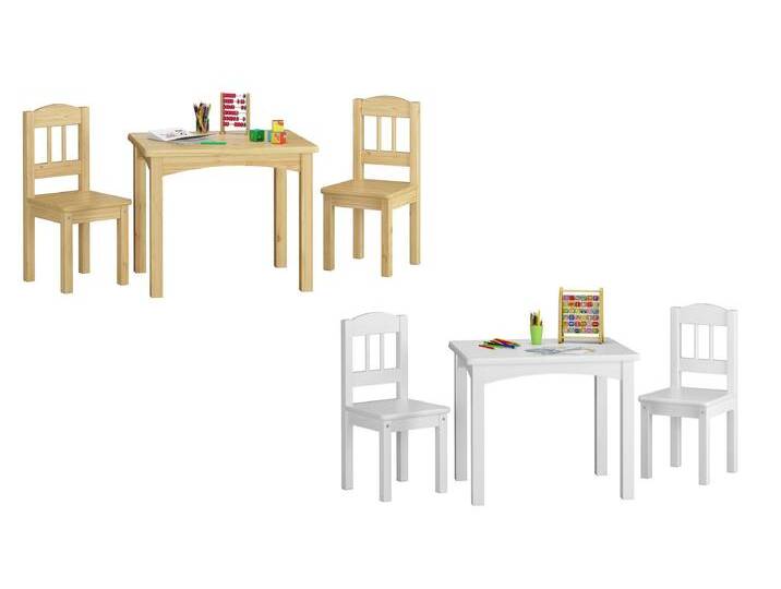 Kindersitzgruppe in Weiß oder Holzfarbe Massiv mit Tisch und 2 Stühlen Kindersitzgruppe in Weiß oder Holzfarbe Massiv mit Tisch und 2 Stühlen von Erst-Holz