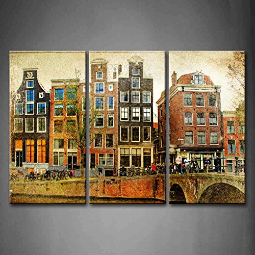 First Wall Art - Retro Leinwand Bilder Fluss und Häuser und Brücke in Amsterdam Wandbild Poster 3 Panel Modern Die Architektur Dekorationen Für das Wohnzimmer,Büro,Küche,Badezimmer,Schlafzimmer von First Wall Art