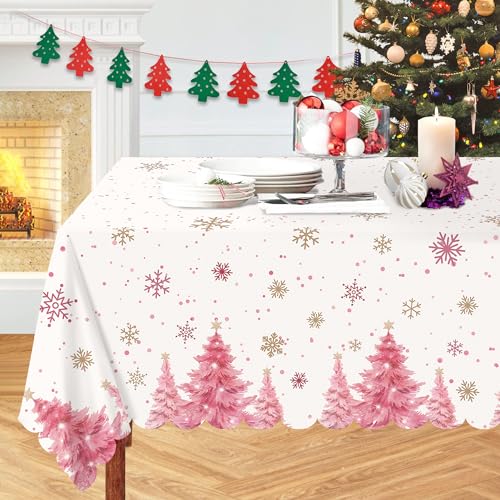 Erweicet Rosa Weihnachtstischdecke, rechteckig, 150 x 224 cm, rosa Weihnachtsdekorationen, Polyester, Weihnachtsbaum-Tischdecke für Weihnachten, Abendessen, Winterurlaub, Esszimmer von Erweicet