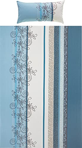 Erwin Müller Bettwäsche, Bettgarnitur Fein-Biber Blumen hellblau-weiß Größe 155x220 cm (40x80 cm) - hautsymphatisch, bügelleicht, mit Marken-Reißverschluss (weitere Größen) von Erwin Müller