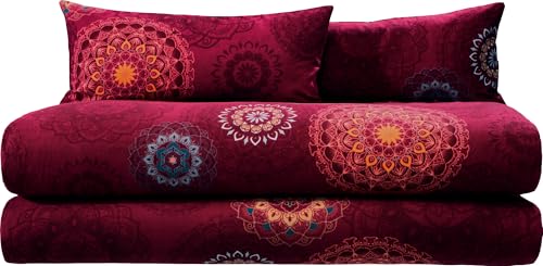 Erwin Müller Bettwäsche, Bettgarnitur Sparpaket 4-TLG. Flanell - Mandala - mollig warm, temperaturregulierend, mit praktischem Reißverschluss - Bordeaux Größe 40x80 cm / 155x200 cm von Erwin Müller