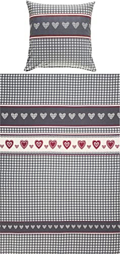 Erwin Müller Feinflanell-Bettwäsche, Bettgarnitur Karo, Herz grau-rot-weiß Größe 80x80 cm / 155x220 cm - für die kalte Jahreszeit, weich und flauschig, mit praktischem Reißverschluss von Erwin Müller