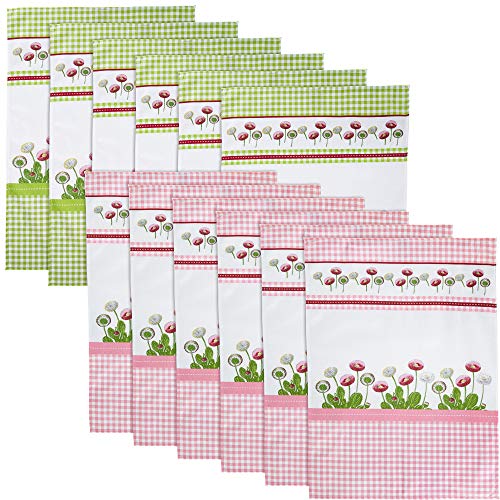 Erwin Müller Geschirrtuch, Küchentuch 12er-Pack Motiv Gänseblümchen - saugstark, strapazierfähig, mit Schlaufe zum Aufhängen - grün-rosa Größe 50x70 cm von Erwin Müller