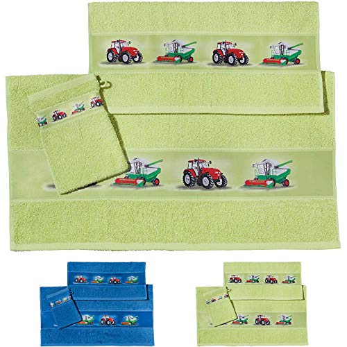 Erwin Müller Kinder Handtuch-Set, Frottier-Set 3-TLG. Traktor grün Größe 70x110 cm + 50x70 cm + 15x21 cm - 1 Handtuch, 1 Badetuch, 1 Waschhandschuh - kuschelig weich, saugstark von Erwin Müller