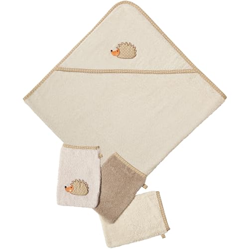 Erwin Müller Kinder Walk-Frottier-Set 4-TLG mit Igel-Motiv 1x Kapuzenbadetuch, 3X Waschhandschuhe Natur Größe - kuschelig weich, besonders schnell trocknend und saugstark von Erwin Müller