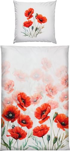 Erwin Müller Mako-Satin Bettwäsche Mohnblume weiß-rot Größe 80x80 cm / 155x220 cm - seidig weiche Qualität, temperaturausgleichend, mit Reißverschluss von Erwin Müller