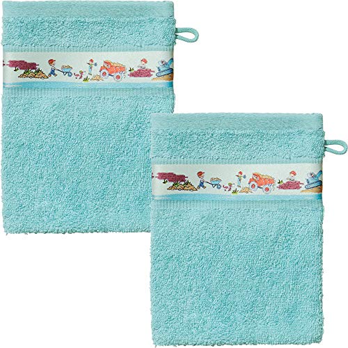 Erwin Müller Walk-Frottier Kinder-Waschhandschuh 2er-Pack mit Baustellen-Bordüre türkis Größe 16x21 cm - schnell trocknend und extra saugstark Erwin Müller Walk-Frottier Kinder-Waschhandschuh 2er-Pack mit Baustellen-Bordüre türkis Größe 16x21 cm - schnell trocknend und extra saugstark von Erwin Müller