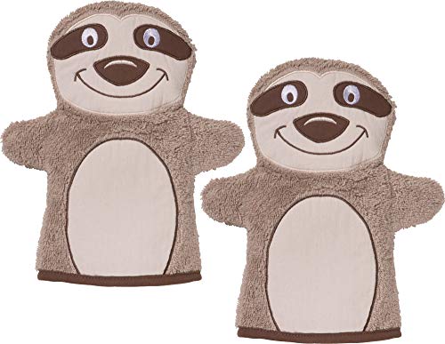 Erwin Müller Walk-Frottier Kinder-Waschhandschuh in Faultier-Optik, 2er-Pack Hellbraun Größe 23x25 cm - hochwertige Qualität, sehr weich, schnell trocknend und extra saugstark von Erwin Müller