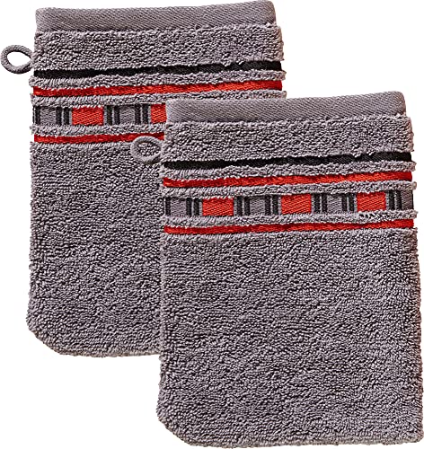 Erwin Müller Waschhandschuh, Waschlappen 2er-Pack - Achern grau/rot Größe 16x21 cm - 500g/m² - schnell trocknend, extra saugstark von Erwin Müller