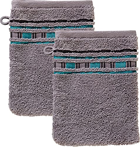 Erwin Müller Waschhandschuh, Waschlappen 2er-Pack - Achern grau/türkis Größe 16x21 cm - 500g/m² - schnell trocknend, extra saugstark von Erwin Müller