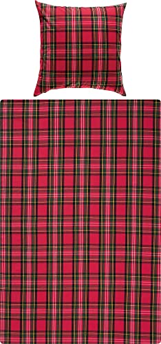 Erwin Müller warme Bettwäsche Flanell buntgewebt rot Größe 80x80 cm / 135x220 cm - hautsympathisch, atmungsaktiv, samtweich, 100% Baumwolle, mit Knopfverschluss von Erwin Müller