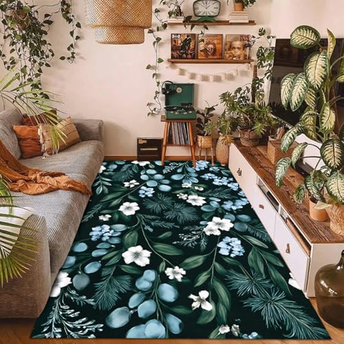 Teppich mit Blumenmuster für Wohnzimmer, 150 x 200 cm, waschbar, Vintage-Blattmuster, rutschfest, niedriger Flor, Kunstwolle, Teppich für Eingangsbereich, Schlafzimmer, Küche, Esszimmer von Erwinmu