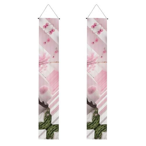 Rosa Kirschblüten-Treppen-Druck, Willkommensbanner, vertikale Flaggen, Party-Veranda-Schild, für Innen- und Außenbereich, 180 x 30 cm von Erwqavc