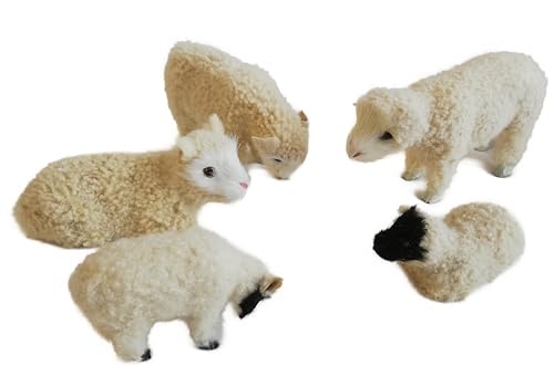 Schafherde Echtfell - 5 Tiere - passend zu 30cm Figuren - Krippenschafe von Erzählfiguren Kolb - Kunsthandwerk