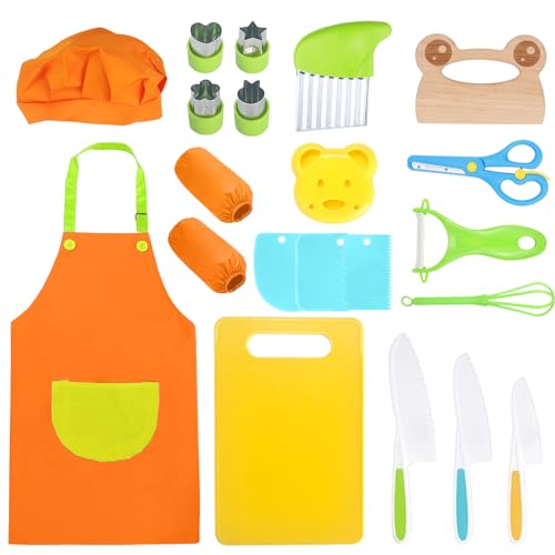 20 Stück Kindermesser Kinder Schneidemesser Kinder Küchenmesser Set Montessori Kochen für Kinder Inklusive Holzmesser und Schneidebrett Schneiden und Kochen von Obst oder Gemüse für Kleine Kinder von Erzekrim