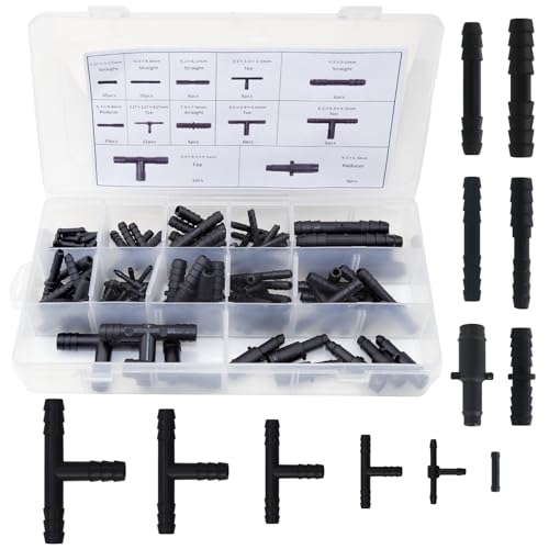 113 Stück T-Verbinder Schlauchverbinder Set, Schlauchverbinder Auto 12 Größen Schwarz T-Schlauchverbinder, für Gärten Schläuche BewäSserung Anschluss Kit KFZ Tropf Sprinkler Anlagen von Erzekrim