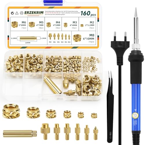 Erzekrim 160 pcs Gewindeeinsätze Lötspitzen Set, Lötspitzen Gewindeeinsatz Set, 6 pcs Lötspitzen für Gewindeeinsatz Gewindeeinsätze M2/M3/M4/M5/M6/M8 von Erzekrim