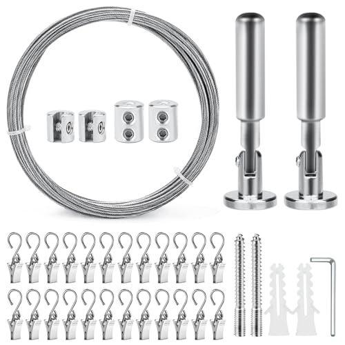 Erzekrim 5M Edelstahl Vorhang Seil Vorhang Draht Schwerlast Wandhalterung Set Gardinenseil Wäscheleine mit 24 Stück Metall Clips Haken für Vorhang, Wäscheleine, Duschvorhänge (Silber, mit Metallclip) von Erzekrim