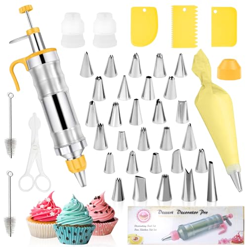 Garnierspritze Edelstahl Spritztüllen Set Tortenspritze Garnierspritze Kuchen Dekorieren Set 42 teilig Profi Edelstahl für Kuchen Cupcakes Cookies Gebäck Decoration (Gelb) von Erzekrim