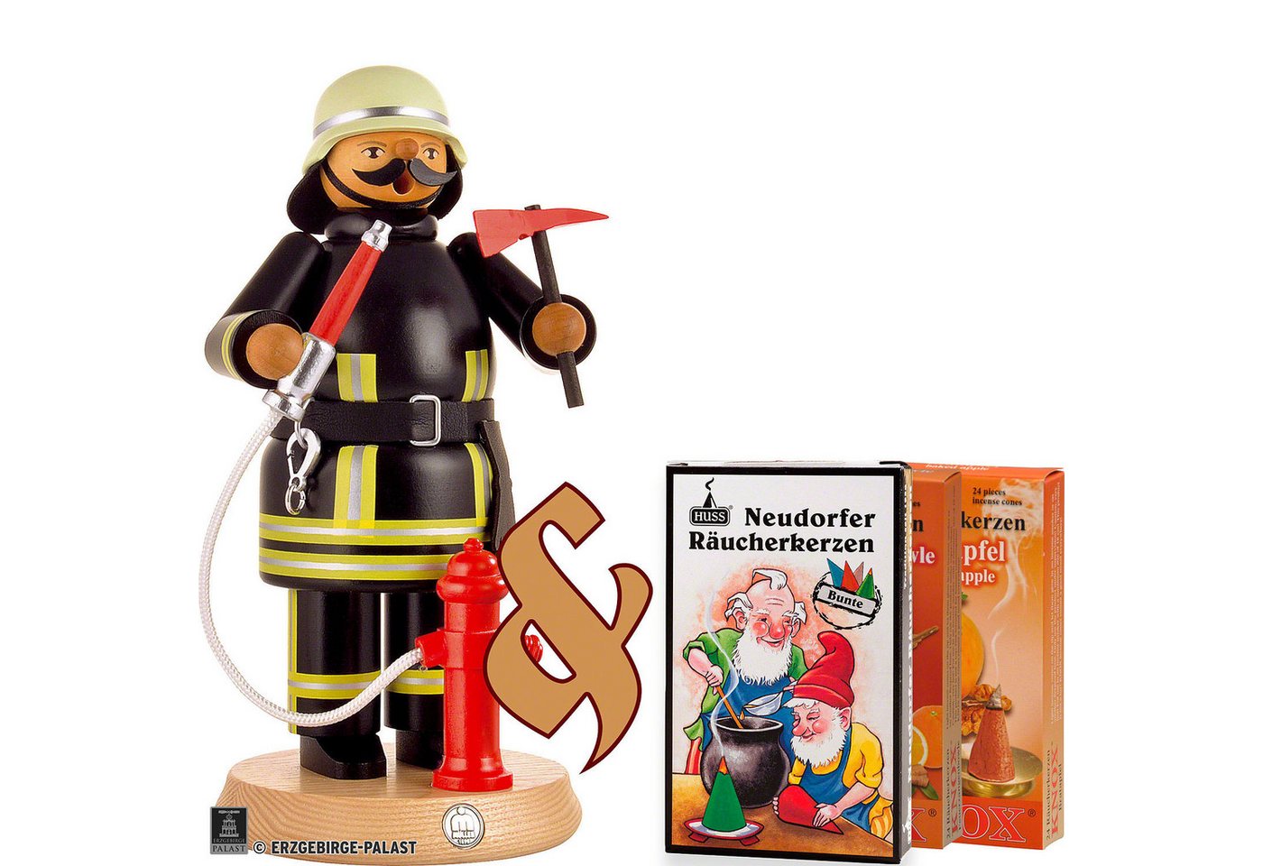 Erzgebirge-Palast Räuchermännchen Set Feuerwehrmann und drei Packungen Räucherkerzen Räuchermann von Er Erzgebirge-Palast Räuchermännchen Set Feuerwehrmann und drei Packungen Räucherkerzen Räuchermann von Er von Erzgebirge-Palast
