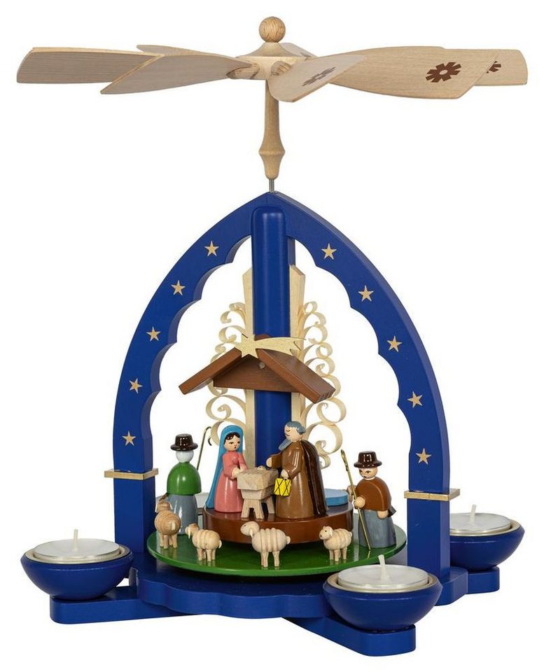 Erzgebirgische Volkskunst Richard Glässer GmbH Weihnachtspyramide Pyramide Christi Geburt blau für Teelichte und Kerzen Höhe 27cm NEU von Erzgebirgische Volkskunst Richard Glässer GmbH
